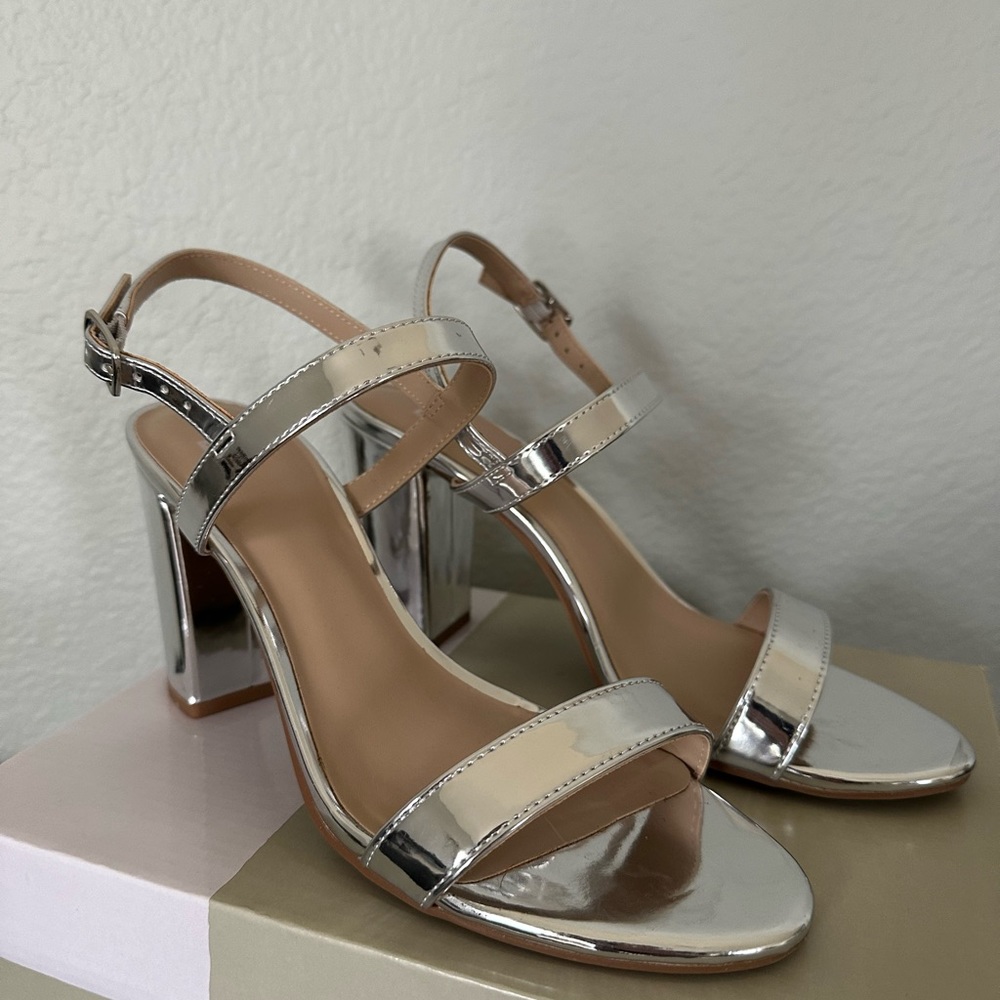 BP Silver Faux Leather Sandal Heels